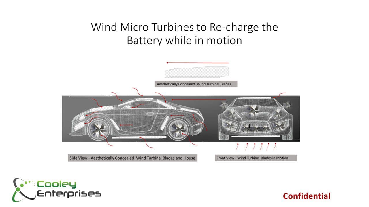 A drawing of wind micro turbines to re-charge the battery while in motion.